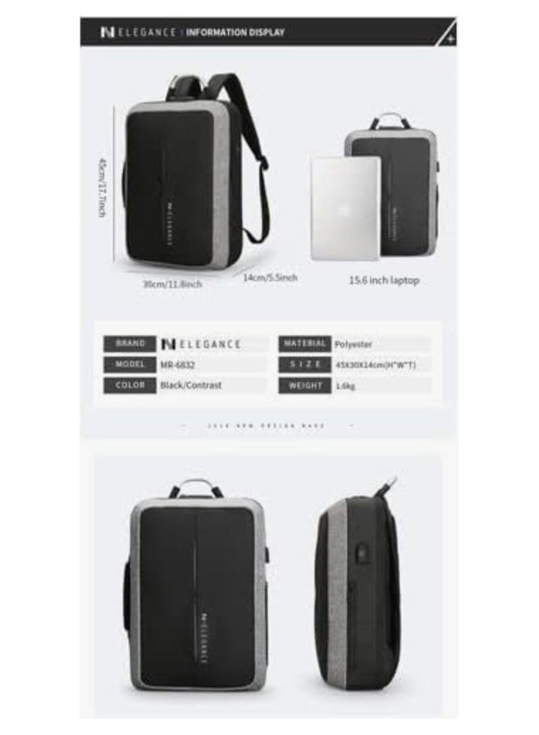 N Elegance 15.6 inch Laptop Backpack Large Capacity School Bag USB Charging Port Water Resistant Grey - Image 2