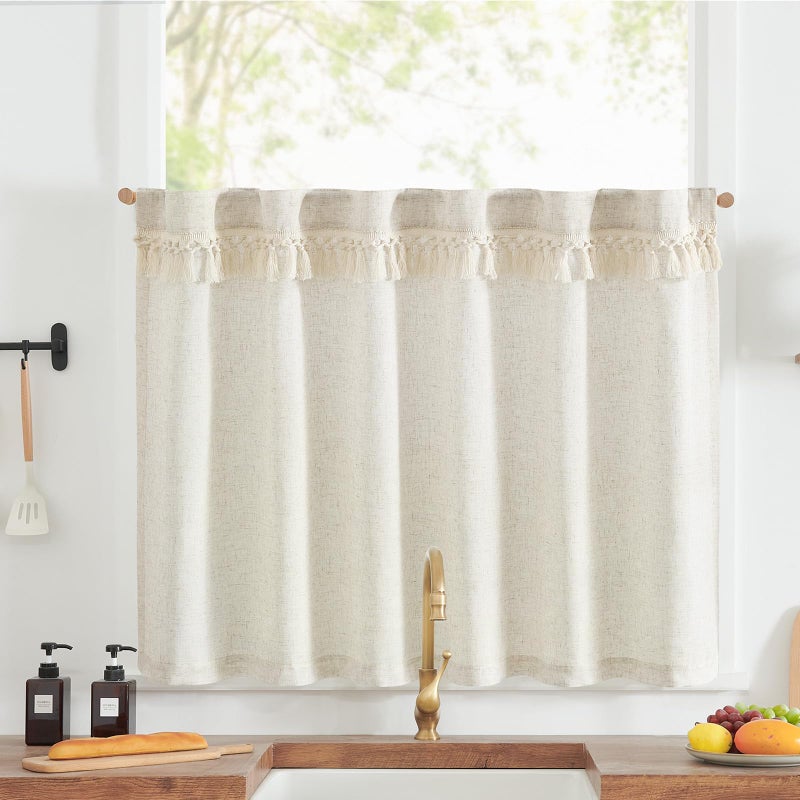 jinchan Linen Kitchen Curtain with Tassels 36 Inch Boho Tier Curtain Beige Farmhouse Cafe Light Filtering Small Window Drape for Bathroom Laundry Room RV Rod Pocket Back Tab 1 Panel Crude - Image 1