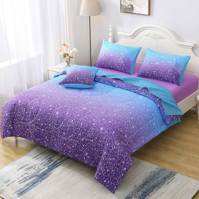 Keyroal 6Pcs Glitter Comforter Set with Sheets for Teens Girls Kids Colorful Gradient Glitter Themed Bed in a Bag Full Size Blue Purple 3D Sparkly Galaxy Bedroom Decor Bedding Set