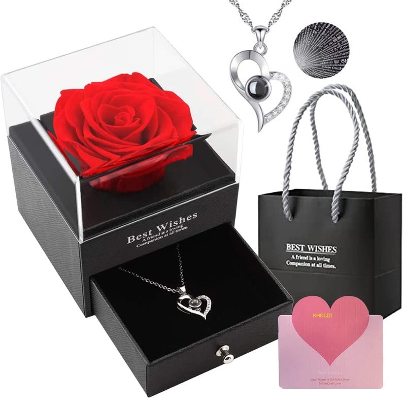 KHOLDI KHOLDI Birthday Gift for Girls Girlfriend Wife Mom Mother Girls Women Friends Anniversary Wedding Valentine Gift Preserved Red Rose Flower Box with I Love You in 100 Languages Silver Necklace  - Image 1
