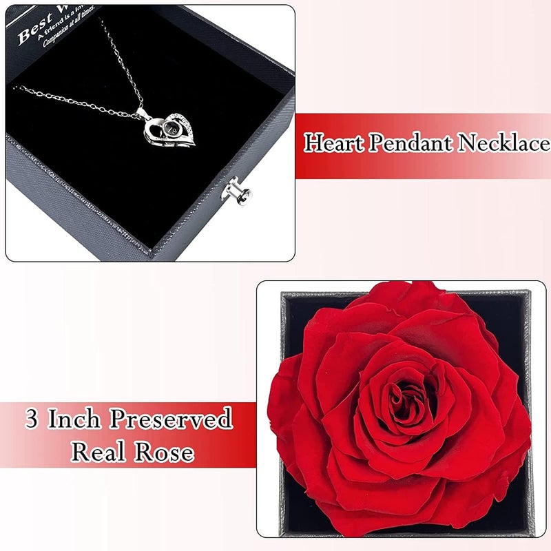 KHOLDI KHOLDI Birthday Gift for Girls Girlfriend Wife Mom Mother Girls Women Friends Anniversary Wedding Valentine Gift Preserved Red Rose Flower Box with I Love You in 100 Languages Silver Necklace  - Image 4