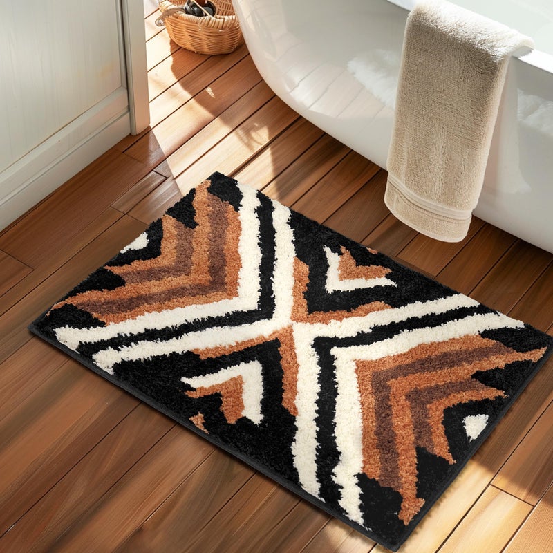 Tyrot Black Boho Small Bathroom Rugs Non Slip Washable Western Aztec Bath Mats Rugs for Bathroom Floor Fluffy Plush Soft Absorbent Farmhouse Carpet for Shower 18x24 inch Brown