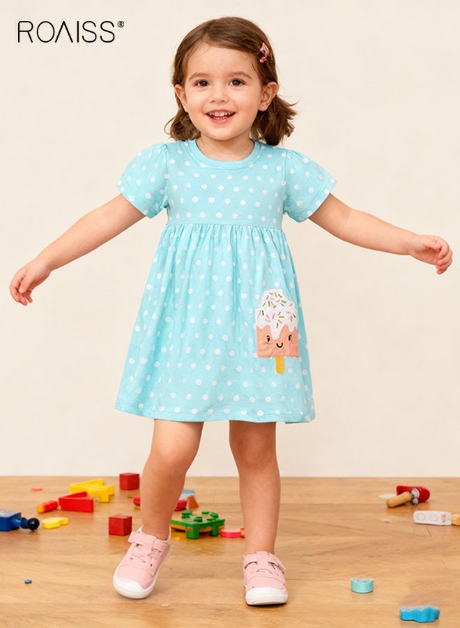 roaiss Girls A-line Dress with Adorable Patterns, Cotton Polka Dot Dress, Casual Summer Frock for Little Girls, Suitable for Daily Wear or Any Occasion - Image 2