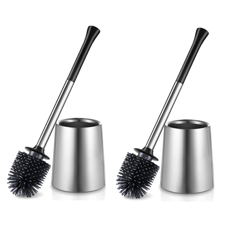 HAMITOR Toilet Bowl Brush Holder Set 2Pack Silicone Stainless Steel Deep Cleaning Toilet Cleaner Brush for Bathroom Restroom  Compact Modern Rv Toilet Scrubber Accessories with Caddy
