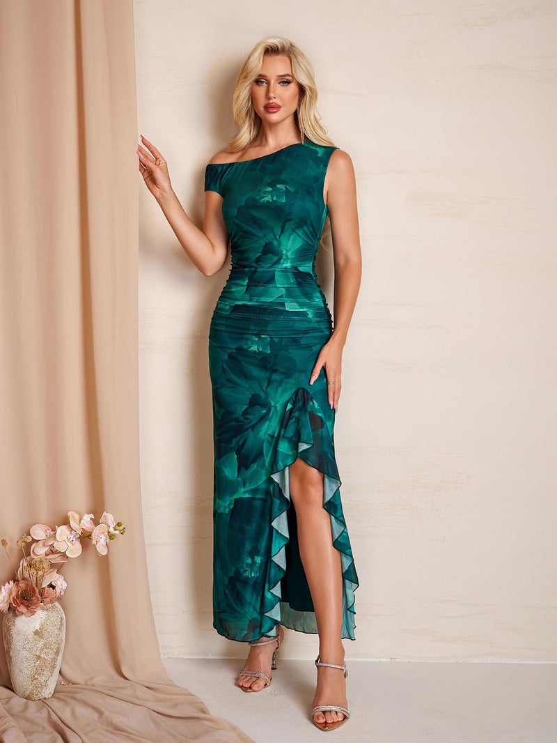 HTZMO One Shoulder Floral Wedding Guest Long Dress Summer Formal Elegant Ruffled Slit Bodycon Maxi Dresses for Women GreenPrint M - Image 3