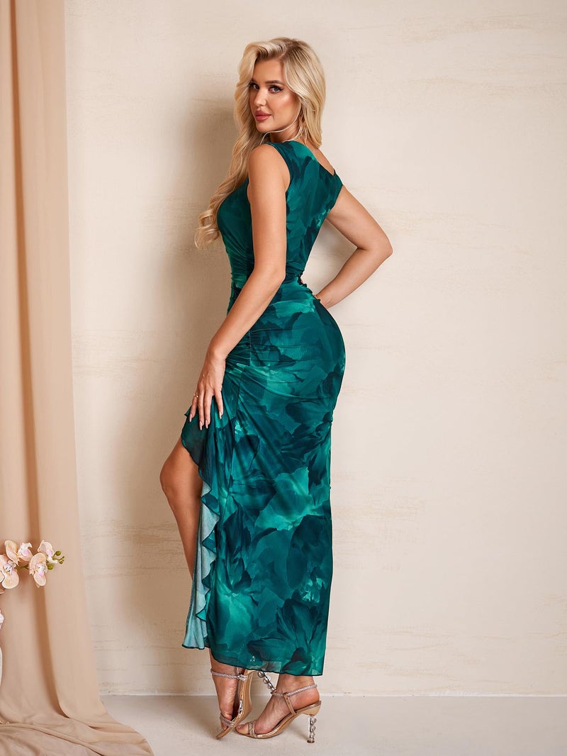 HTZMO One Shoulder Floral Wedding Guest Long Dress Summer Formal Elegant Ruffled Slit Bodycon Maxi Dresses for Women GreenPrint M - Image 4