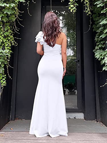 YMDUCH Women's Sexy Sleeveless One Shoulder Ruffle High Split Party Evening Long Formal Dress White - Image 4