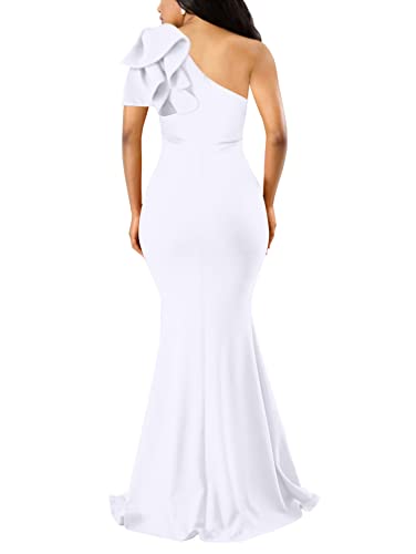 YMDUCH Women's Sexy Sleeveless One Shoulder Ruffle High Split Party Evening Long Formal Dress White - Image 2
