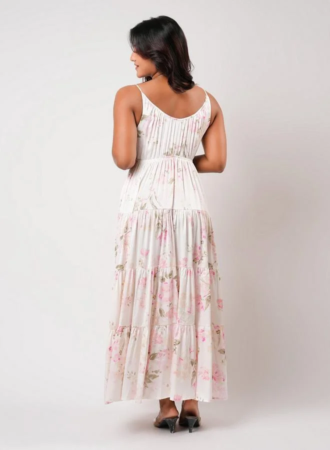 Aadaraya  Aadaraya Sleeveless Tiered Maxi Night Gown with Floral Print for Women | Best Price UAE