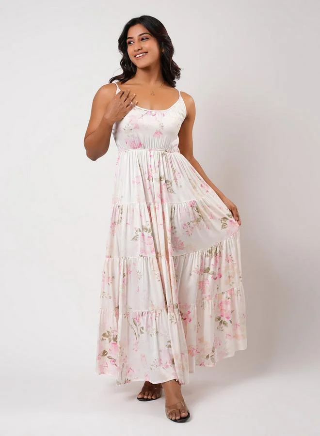 Aadaraya Sleeveless Tiered Maxi Night Gown with Floral Print