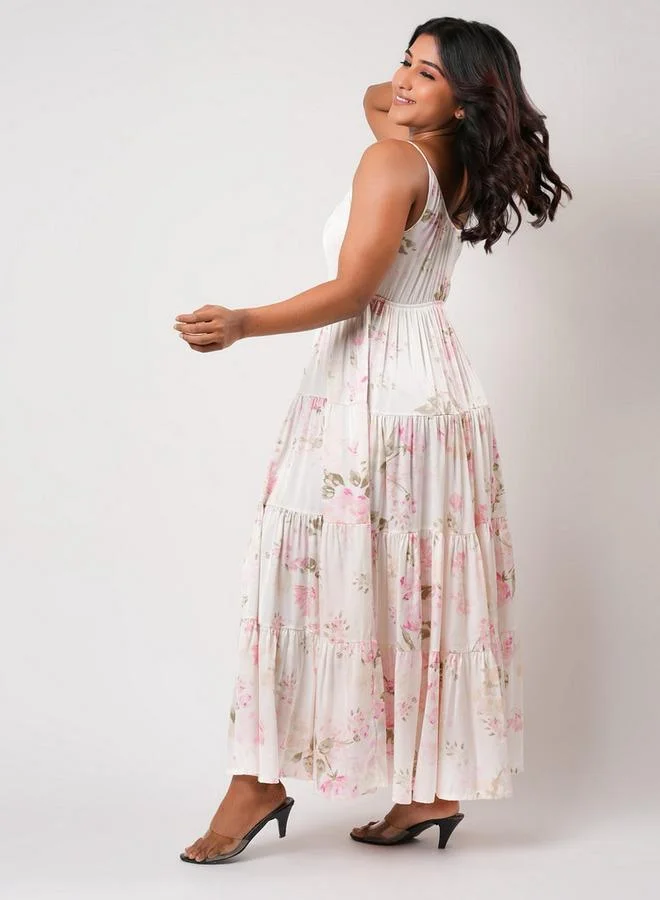 Aadaraya  Aadaraya Sleeveless Tiered Maxi Night Gown with Floral Print for Women | Best Price UAE