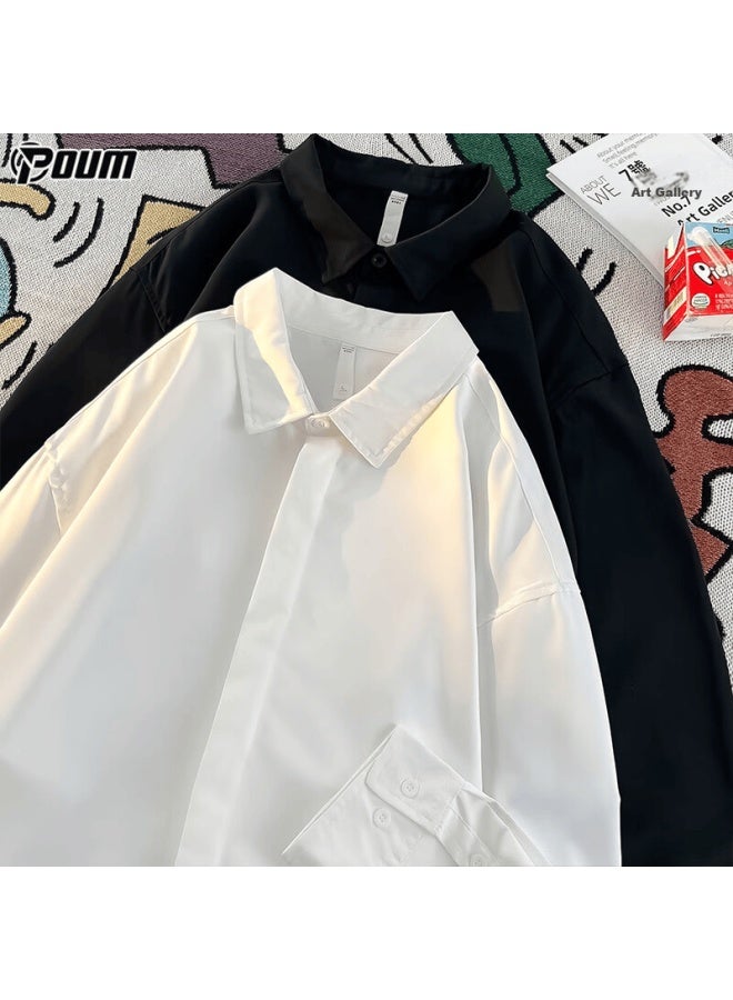 Poum Trendy High-quality Long-sleeve Shirt For Men, Spring And Autumn Casual Loose Shirt Jacket Kj03 White M - Image 3