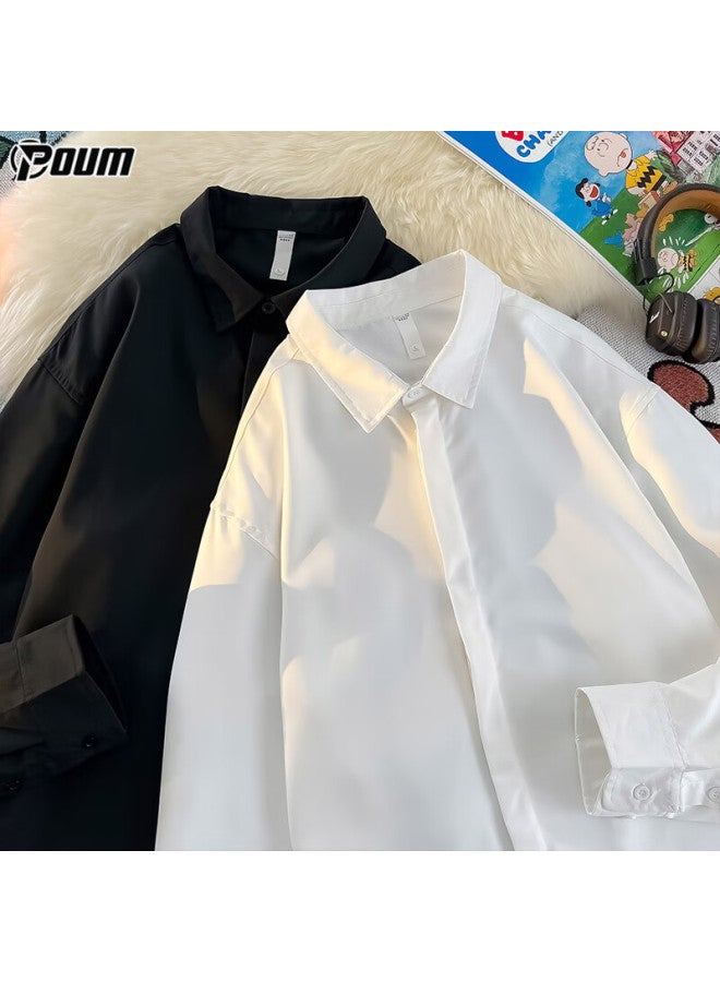 Poum Trendy High-quality Long-sleeve Shirt For Men, Spring And Autumn Casual Loose Shirt Jacket Kj03 White M - Image 4