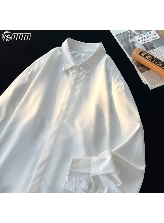 Poum Trendy High-quality Long-sleeve Shirt For Men, Spring And Autumn Casual Loose Shirt Jacket Kj03 White M - Image 2