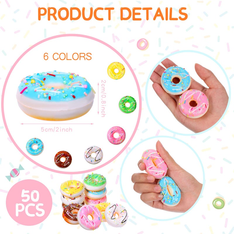 Macarrie 50 Pcs Donut Stress Balls Donut Party Favors Squeeze Fake Doughnut Slow Rising Toys Stress Relief Toy for Party Decoration Doughnut Theme Party Supplies, 6 Colors - Image 2