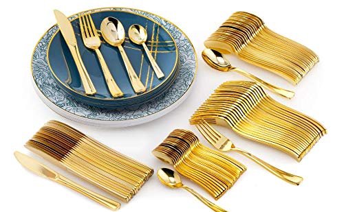 Trendables 120 Pack Disposable Dinnerware  Cutlery Combo Floral Brush Design Plates Includes 20 1025 in Large Dinner Plates  20 8 Dessert Plates 100 Pcs Gold Forks Knives