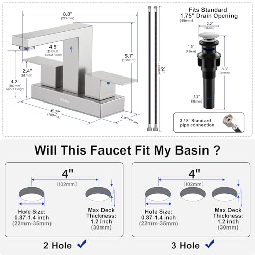 Hurran Bathroom Sink Faucet, Hurran 4 inch Brushed Nickel Bathroom Faucets for Sink 3 Hole with Pop-up Drain and Supply Lines, Stainless Steel 2-Handle Lead-Free Faucet for Vanity RV Restroom - Image 5