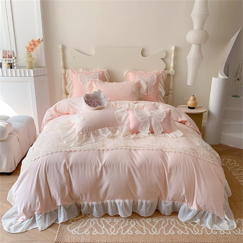 MOOWOO Princess Lace Bow Bedding Set- Pink Sweet Girl Chiffon Ruffles Bedding- 3PC(1 Duvet Cover 90x90 Inch, 2 Pillowcases) Aesthetic Bedding for Woman Girls Bedroom - Image 2