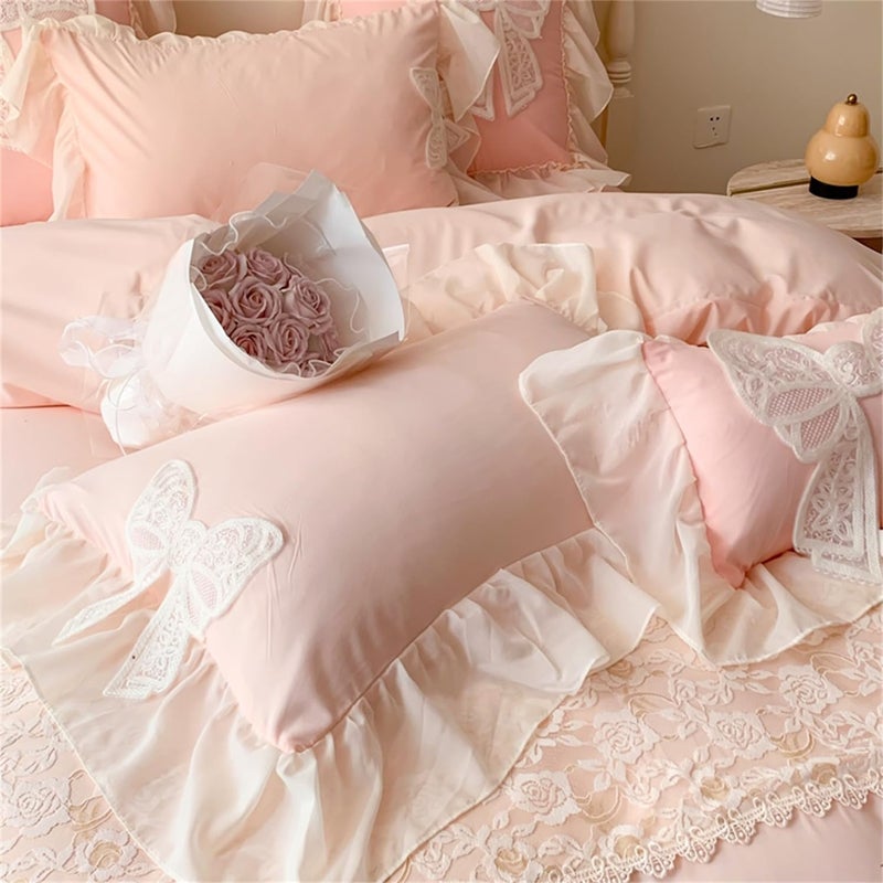 MOOWOO Princess Lace Bow Bedding Set- Pink Sweet Girl Chiffon Ruffles Bedding- 3PC(1 Duvet Cover 90x90 Inch, 2 Pillowcases) Aesthetic Bedding for Woman Girls Bedroom - Image 5