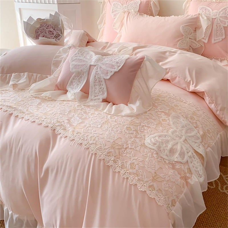MOOWOO Princess Lace Bow Bedding Set- Pink Sweet Girl Chiffon Ruffles Bedding- 3PC(1 Duvet Cover 90x90 Inch, 2 Pillowcases) Aesthetic Bedding for Woman Girls Bedroom - Image 3