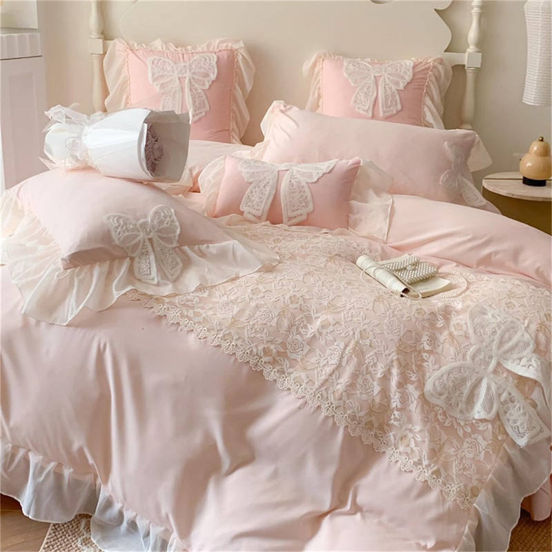 MOOWOO Princess Lace Bow Bedding Set- Pink Sweet Girl Chiffon Ruffles Bedding- 3PC(1 Duvet Cover 90x90 Inch, 2 Pillowcases) Aesthetic Bedding for Woman Girls Bedroom - Image 1