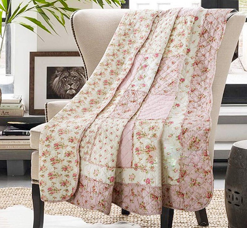 Cozyholy Original 100% Cotton Quilt Pink Floral Patchwork Quilted Throw Blanket, Reversible Bedspread Coverlet Vintage Shabby Chic Bedding Quilt for Bed Couch Sofa - Image 1