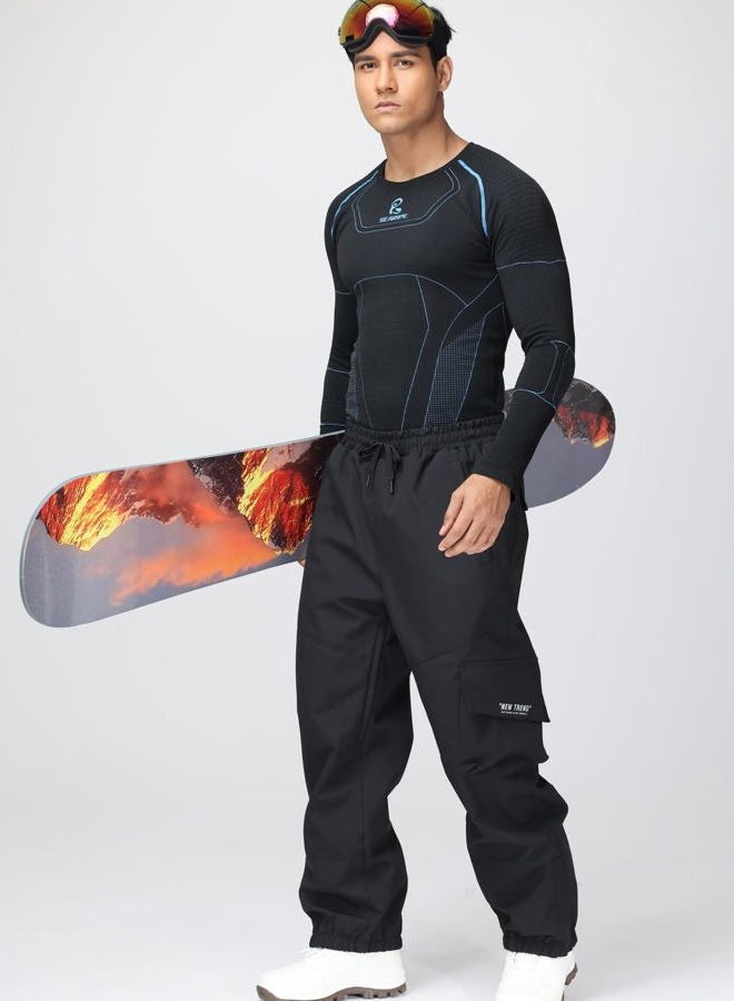 SnowElve Mens Ski Pants Waterproof Insulated Winter Snow Pants Baggy Snowboard Pants Splice Patches Pants Outdoor Sports, Black, M - Image 4