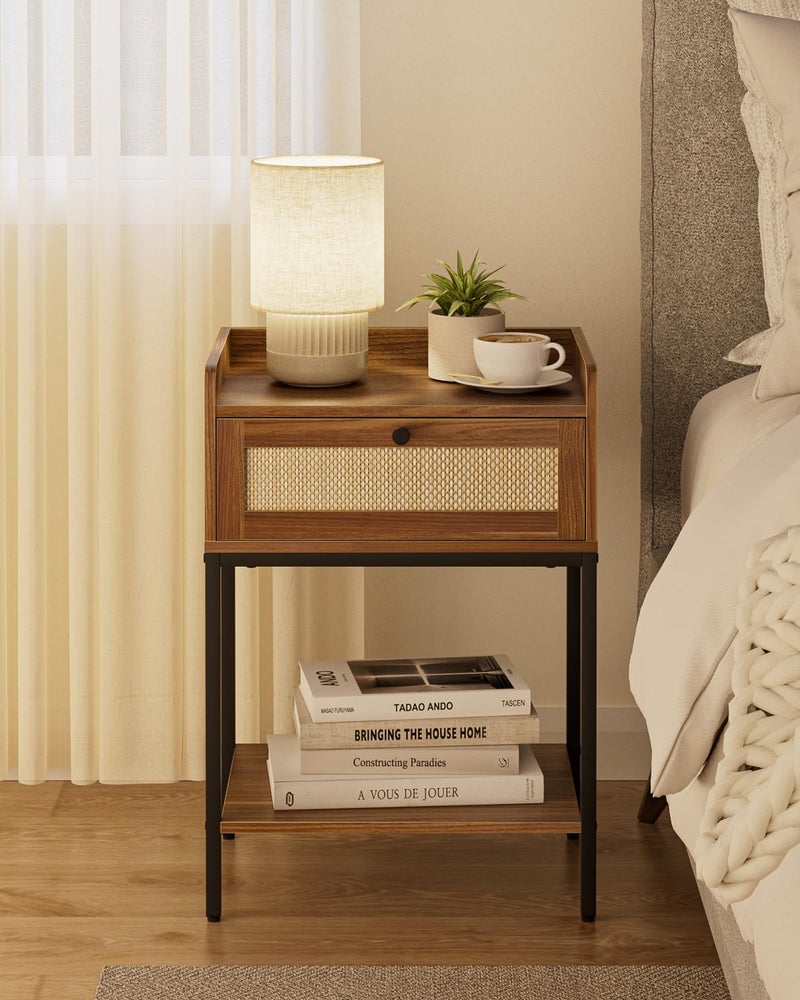 Masupu Rattan Nightstand,3-Tier Modern Bedside Night Stand with Storage Drawer and Shelf,Small End Side Table for Bedroom,Living Room,Walnut Brown (Without Outlet, Brown) - Image 1