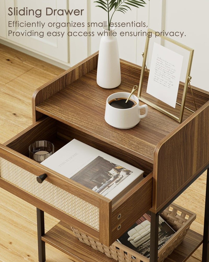 Masupu Rattan Nightstand,3-Tier Modern Bedside Night Stand with Storage Drawer and Shelf,Small End Side Table for Bedroom,Living Room,Walnut Brown (Without Outlet, Brown) - Image 4