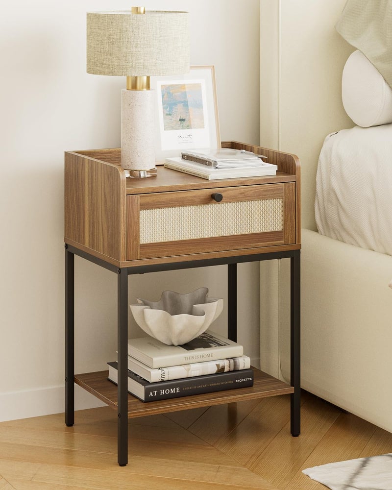 Masupu Rattan Nightstand,3-Tier Modern Bedside Night Stand with Storage Drawer and Shelf,Small End Side Table for Bedroom,Living Room,Walnut Brown (Without Outlet, Brown) - Image 3