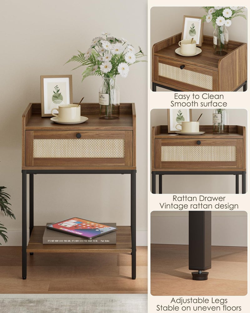 Masupu Rattan Nightstand,3-Tier Modern Bedside Night Stand with Storage Drawer and Shelf,Small End Side Table for Bedroom,Living Room,Walnut Brown (Without Outlet, Brown) - Image 5