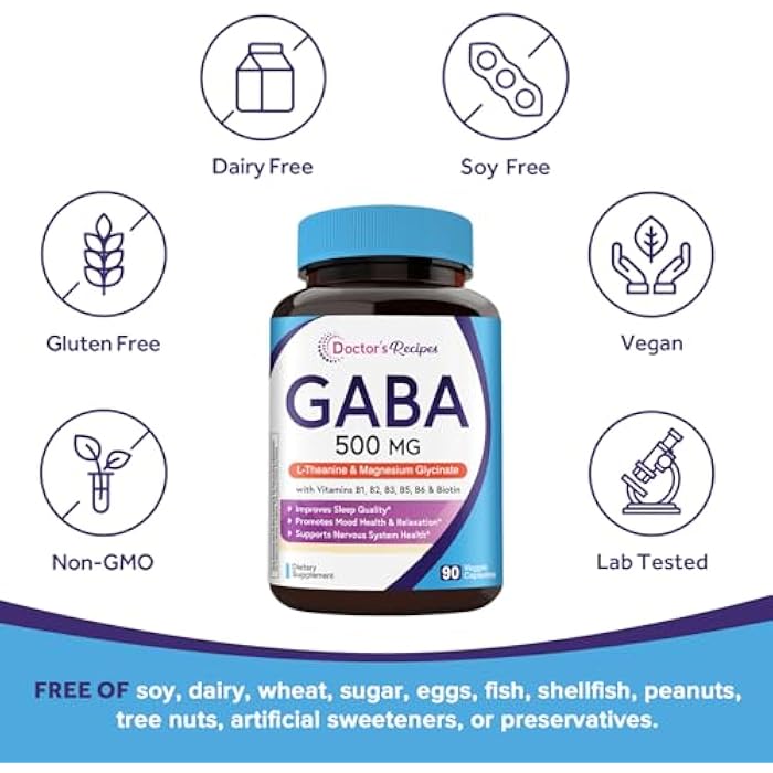 Doctor's Recipes GABA Magnesium Glycinate L-Theanine Supplement, GABA (Gamma-Aminobutyric Acid) 500mg, Vitamin B6, B1, B2, B3, B5, Biotin, Calm, Sleep, Relaxation, Mood Support, 90 Veggie Capsules - Image 5