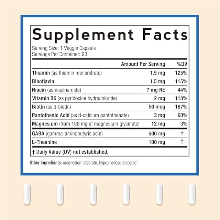 Doctor's Recipes GABA Magnesium Glycinate L-Theanine Supplement, GABA (Gamma-Aminobutyric Acid) 500mg, Vitamin B6, B1, B2, B3, B5, Biotin, Calm, Sleep, Relaxation, Mood Support, 90 Veggie Capsules - Image 2