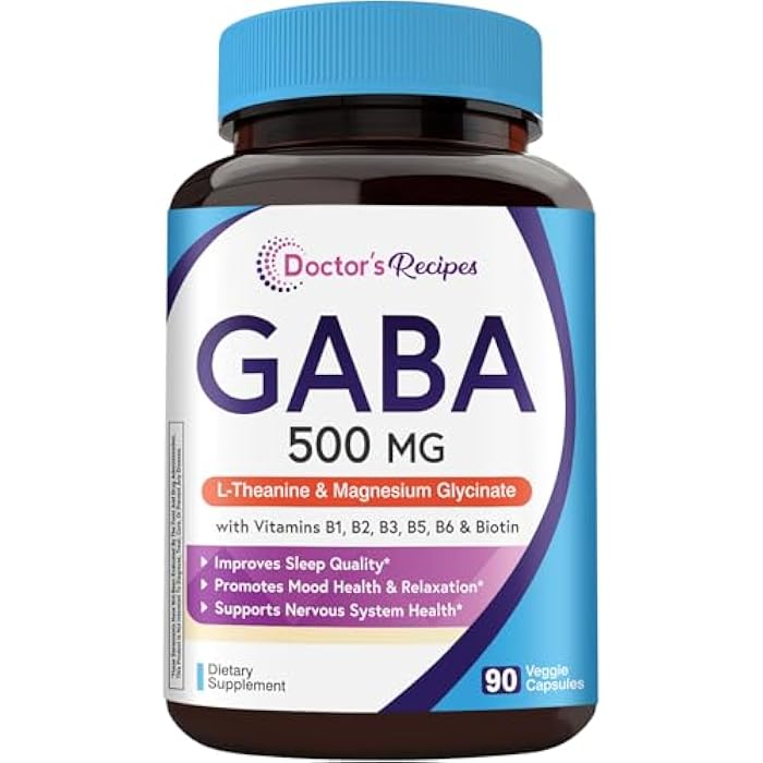 Doctor's Recipes GABA Magnesium Glycinate L-Theanine Supplement, GABA (Gamma-Aminobutyric Acid) 500mg, Vitamin B6, B1, B2, B3, B5, Biotin, Calm, Sleep, Relaxation, Mood Support, 90 Veggie Capsules - Image 1
