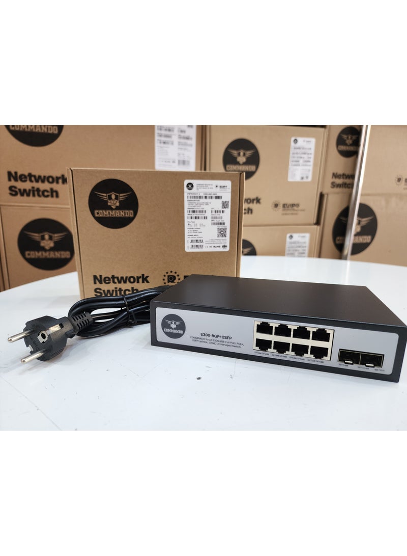 COMMANDO E300 8GE PoE+, 2SFP Uplinks, 130W, Unmanaged Switch -- 8+2 PoE Switch, IEEE802.3af/at 15.4W/30W PoE+, 8 Port PoE Switch, 2Gbps Switching Capacity, Ethernet Switch, Network Switch - E300-8GP+2SFP - Image 1