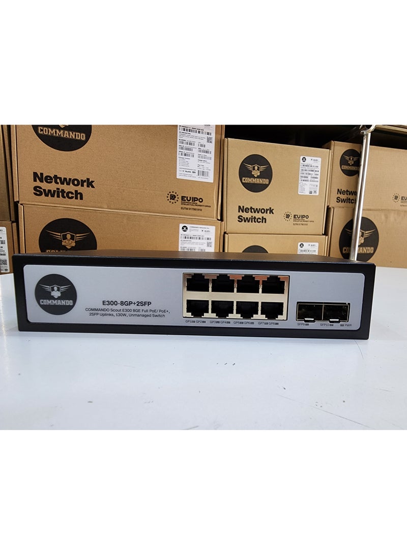 COMMANDO E300 8GE PoE+, 2SFP Uplinks, 130W, Unmanaged Switch -- 8+2 PoE Switch, IEEE802.3af/at 15.4W/30W PoE+, 8 Port PoE Switch, 2Gbps Switching Capacity, Ethernet Switch, Network Switch - E300-8GP+2SFP - Image 4