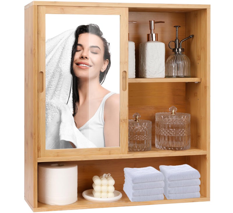 Bamboo Bathroom Cabinet with Mirror Wall Mounted Vanity Storage Over Toilet 2 Sliding Doors