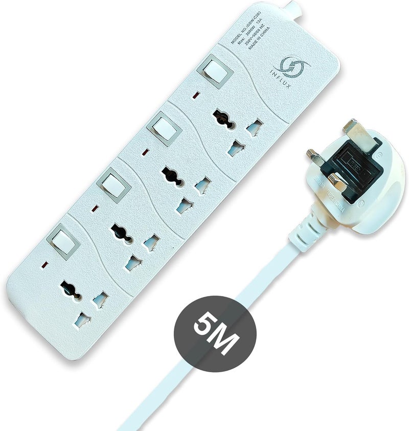 INFLUX Extension Cord with 4-Outlet - 5 Meter Multi Plug Extension Cable for Maximum Reach and Versatility - Power Strip with Universal Plug adapter and Heavy duty power Cord with 13A Fused plug. - Image 2