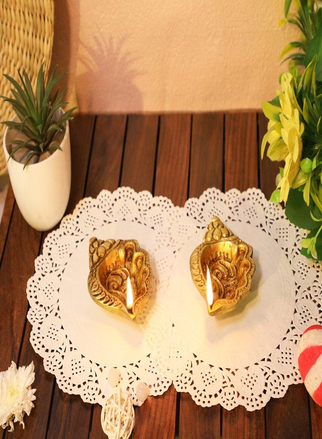 Mla's Decor Brass Shankh Design Deepak - Unique Diya for Home Decoration - Indian Diwali Oil Puja Mandir Decor Set of 2 - Gold - Image 4