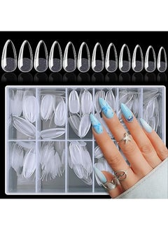 Pinpai Almond Fake Gel Nail Tips 120pcs Almond Press on Nails Medium French Design Clear Full Cover Artificial Almond False Nails Transparent Semi Frosted Nail Plate for Home DIY Nail Salon Nail Extension  - Image 1