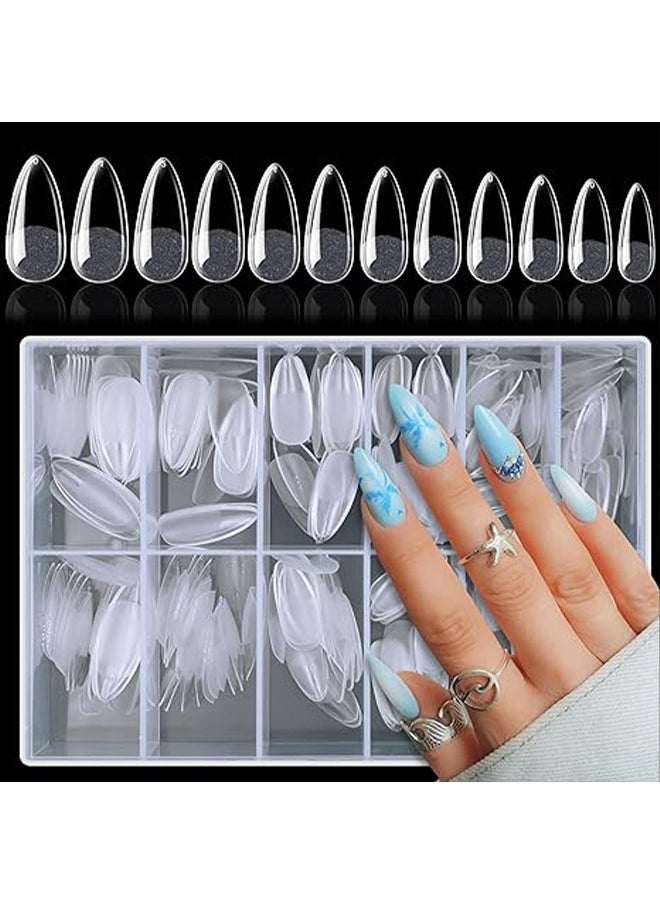 Pinpai Almond Fake Gel Nail Tips 120pcs Almond Press on Nails Medium French Design Clear Full Cover Artificial Almond False Nails Transparent Semi Frosted Nail Plate for Home DIY Nail Salon Nail Extension  - Image 1