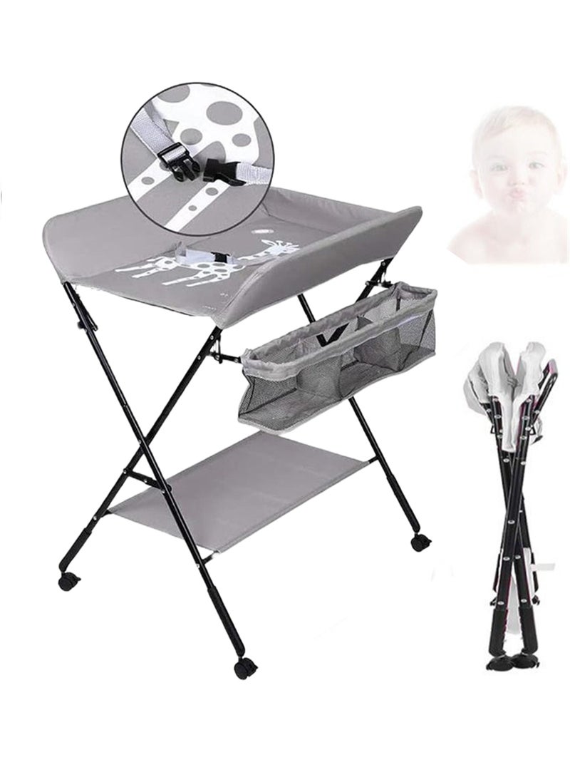 EzzySo Foldable Baby Changing Table with Wheels Baby Diaper Changing Tables 3 level Height Adjustable Infant Care Station with Storage Shelf and Storage Bag  - Image 1