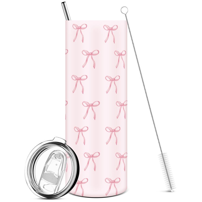 كوب سكايليتي الوردي مع غطاء وقشة سعة 20 أونصة بتصميم قوس كوكتيل من الفولاذ المقاوم للصدأ هدية لحفلات عيد الميلاد للأصدقاء النساء