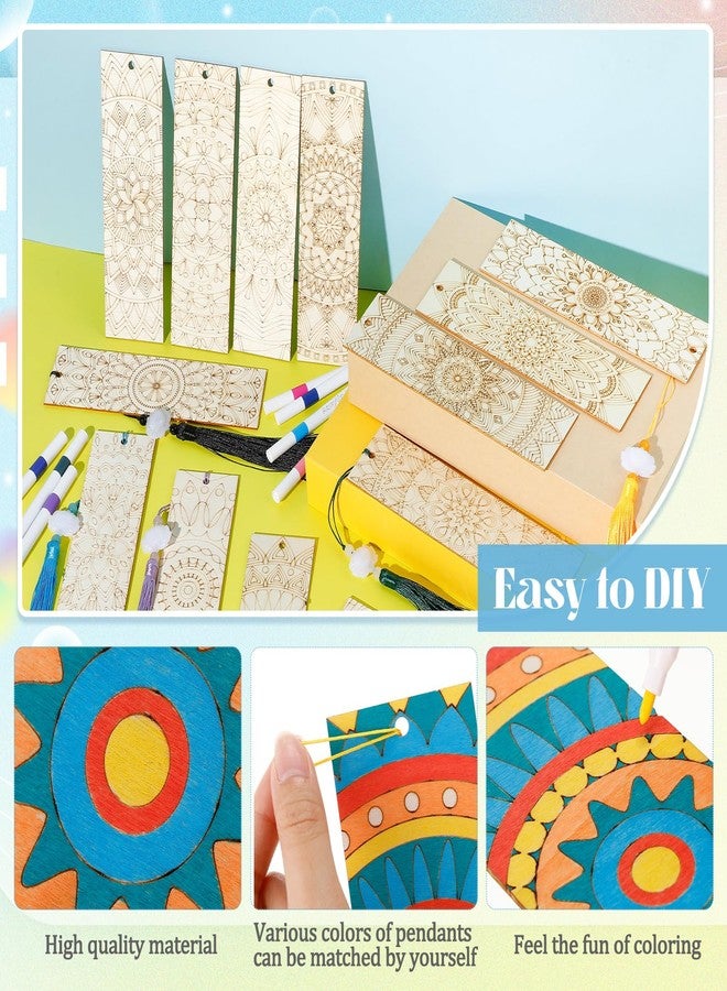 Reallnaive 42 Pcs Wooden Mandala Bookmarks DIY Painting Set Includes 15 Unfinished Blank Bookmarks 15 Tassels 12 Markers, for Mandala Gift Arts Craft Party for Adults Hobby - Image 4