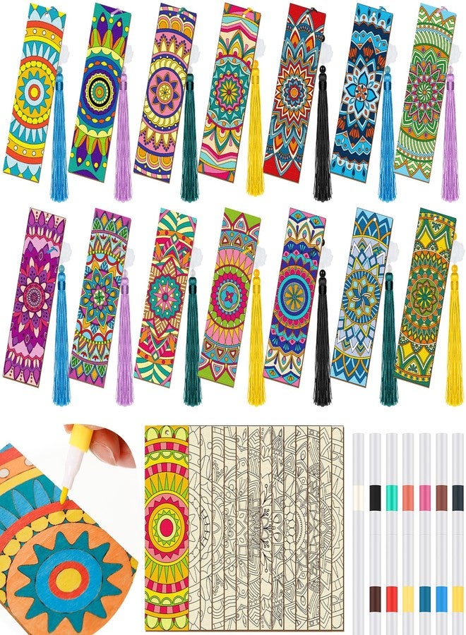 Reallnaive 42 Pcs Wooden Mandala Bookmarks DIY Painting Set Includes 15 Unfinished Blank Bookmarks 15 Tassels 12 Markers, for Mandala Gift Arts Craft Party for Adults Hobby - Image 1