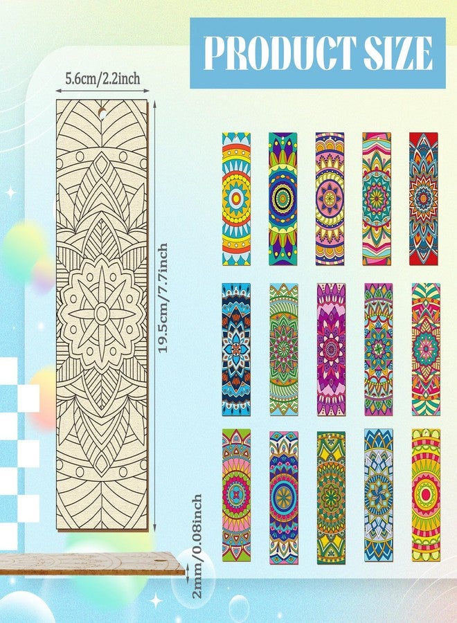 Reallnaive 42 Pcs Wooden Mandala Bookmarks DIY Painting Set Includes 15 Unfinished Blank Bookmarks 15 Tassels 12 Markers, for Mandala Gift Arts Craft Party for Adults Hobby - Image 2