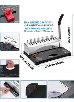 Kidle Binding Machine Comb Binding Machine 21-Holes Binding 450 Sheets Book Binder Machine with 100 PCS 3/8'' Comb Binding Spines for Letter Size A4, A5  - Image 5