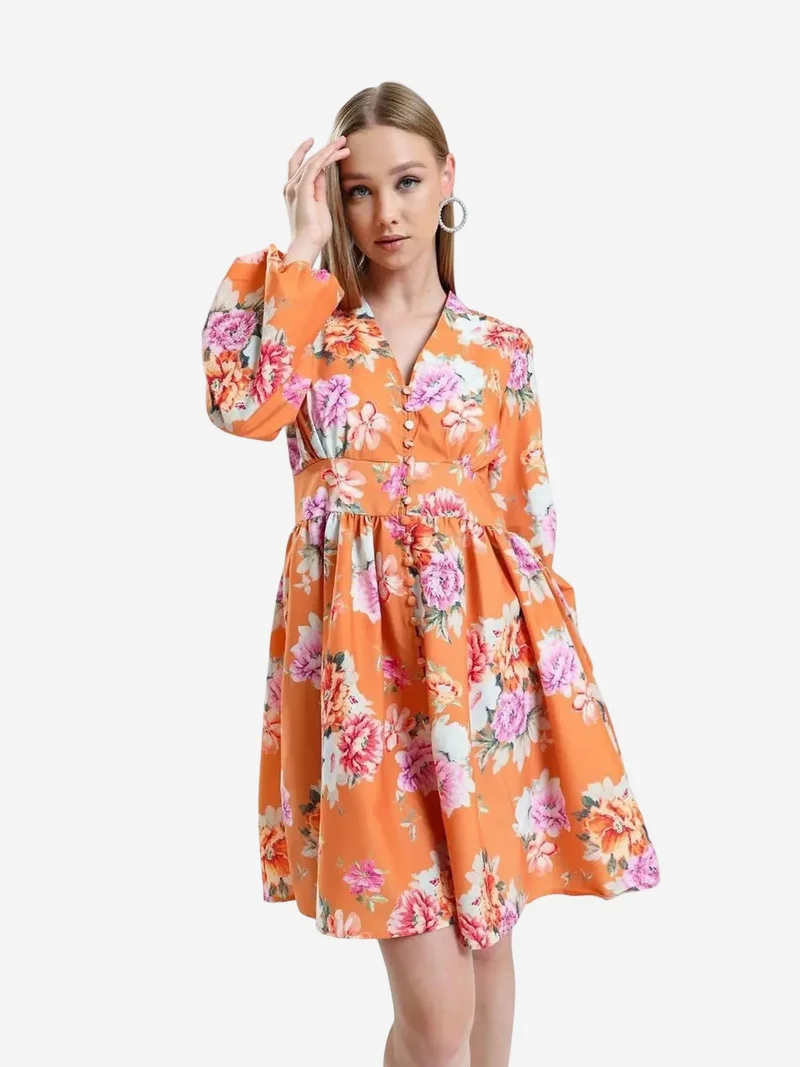 جينيفر Frilly Floral V-Neck Mini Dress