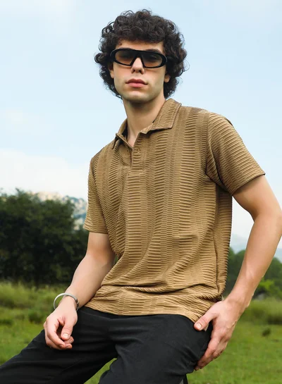 كامبوس سوترا Men's Ash Brown Flatten-Ruched Polo T-Shirt
