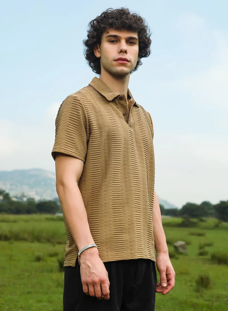كامبوس سوترا Men's Ash Brown Flatten-Ruched Polo T-Shirt